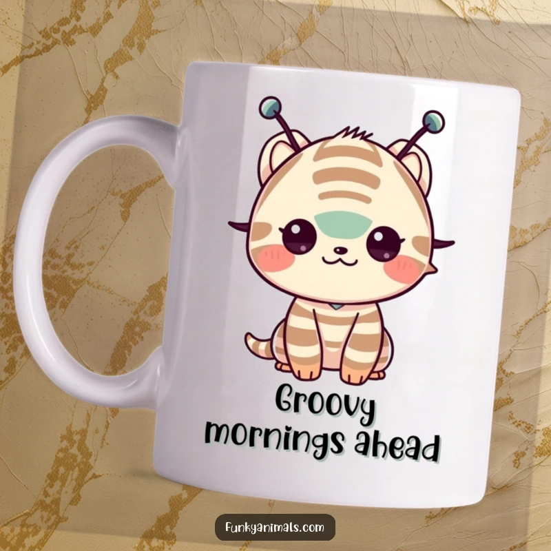 Funny mug featuring a striped creature with antennae doing a joyful shoulder shimmy, bringing smiles.