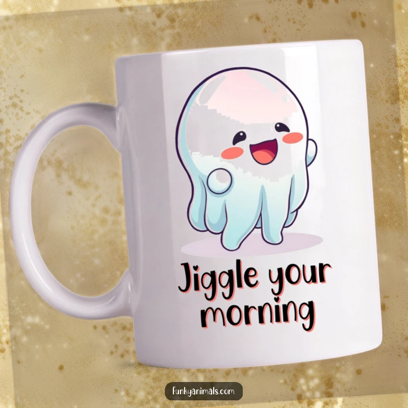 Funny mug featuring a wobbly, gelatinous creature performing a hilarious and rhythmic wobble with infectious joy.