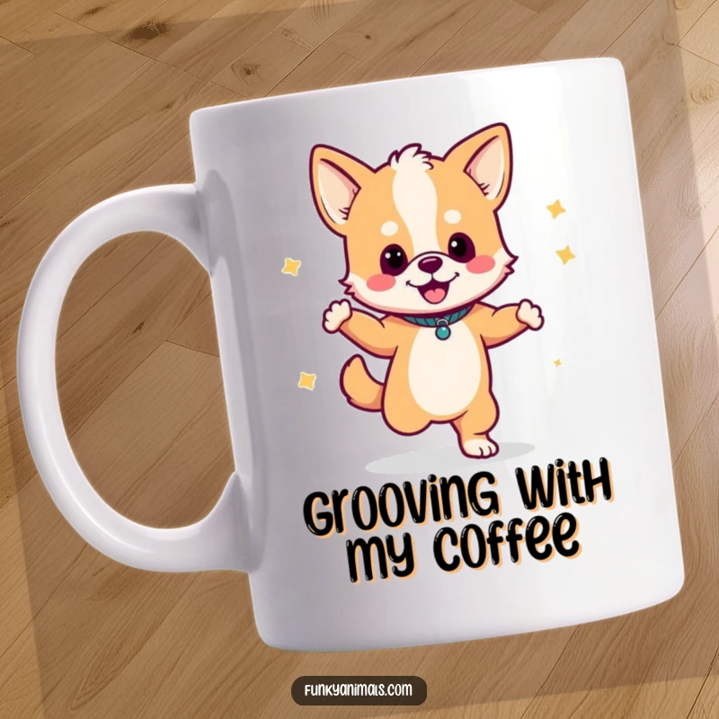 Funny mug featuring a dog cub dancing energetically with a boombox, showcasing vibrant and groovy moves.