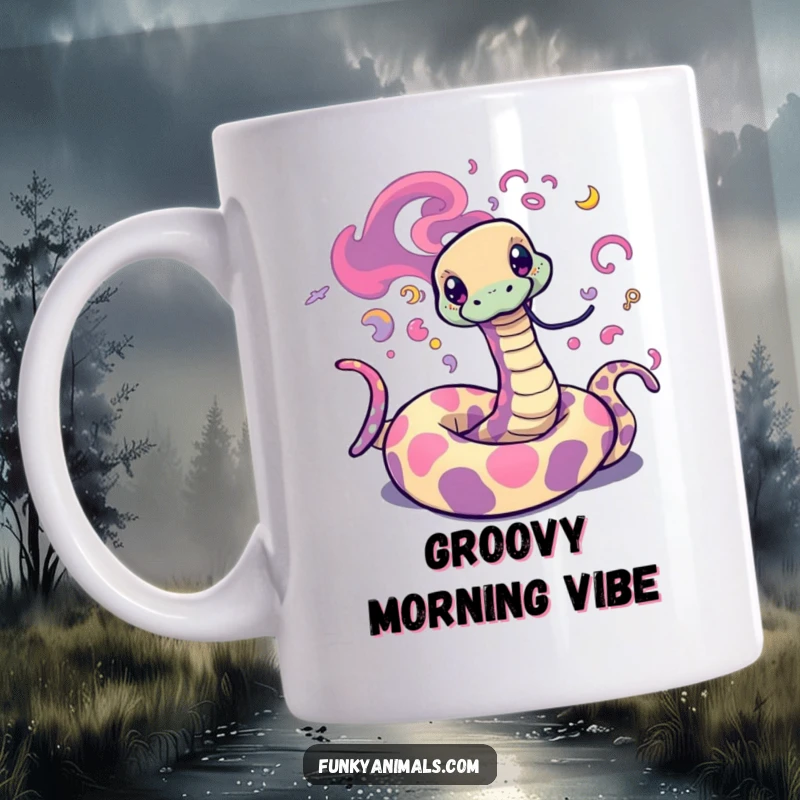 Funny Psychedelic Snake Mug featuring a trippy snake with vibrant, swirling patterns grooving to the beat, radiating cool energy.