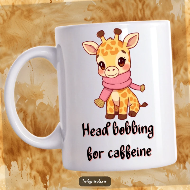 Funny mug featuring a hip giraffe cub wearing a knitted scarf and rhythmically bobbing its head.