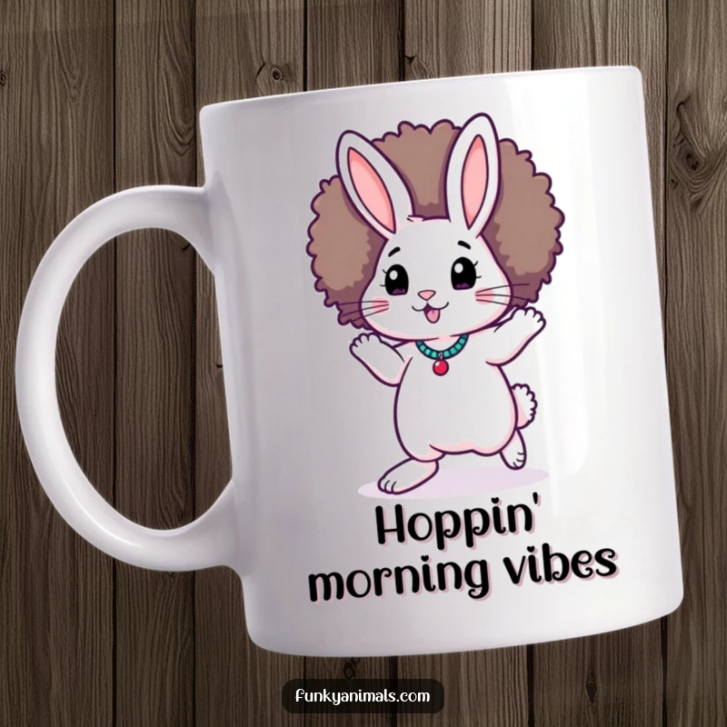 Funny Funky Rabbit Mug: A cool rabbit with a massive afro wig is masterfully performing the moonwalk with flair.