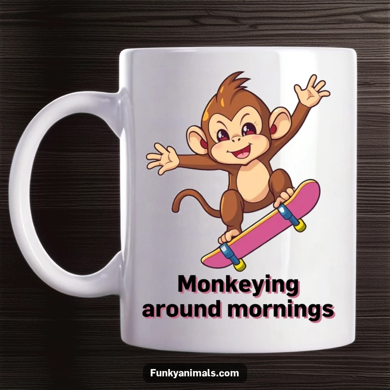 Funny mug showing a mischievous monkey airborne on a skateboard, executing a cool trick with a playful grin and energetic stance.