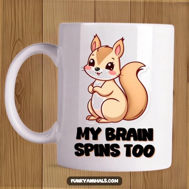 Funny squirrel with a spiral tail spinning rapidly, looking energetic and slightly dizzy, a humorous mug design.