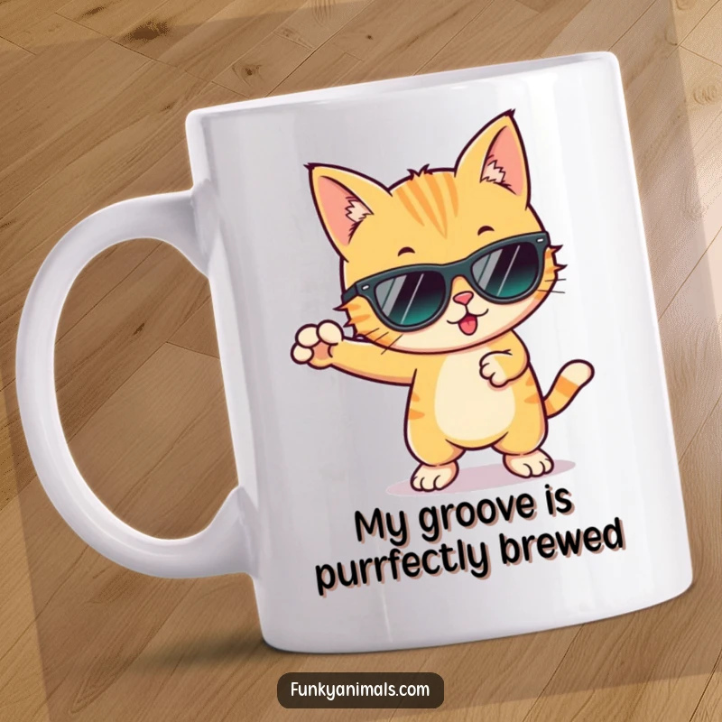 Funny cat wearing sunglasses doing a funky dance move on this mug, captured mid-groove with cool energy.