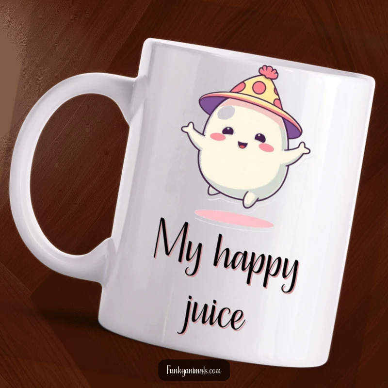 Funny abstract blob creature wearing a funky hat, bouncing energetically with infectious joy, printed on a ceramic mug for a delightful experience.