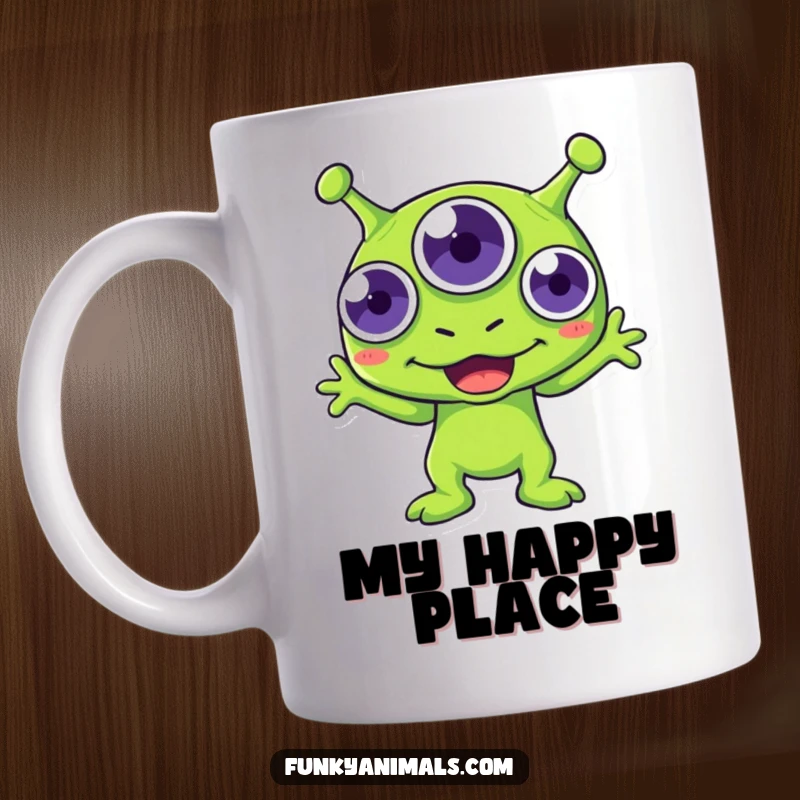Funny green alien mug with three eyes enthusiastically boogying to a cosmic beat, radiating pure joy and silliness.