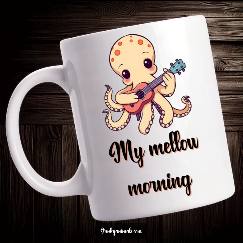 Funny groovy octopus mug, playing a tiny ukulele with one tentacle strumming, radiating cool musical vibes and ocean charm.