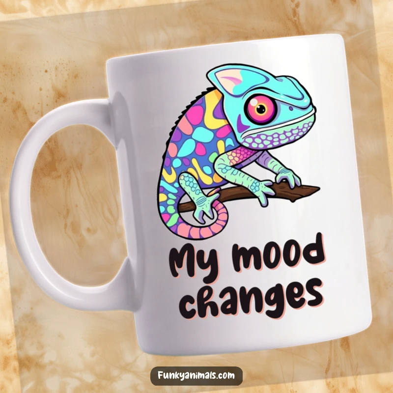 Funny chameleon mug with a rapidly changing psychedelic pattern, showcasing vibrant, swirling colors and a playful spirit.