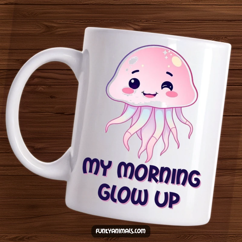 Funny sparkling jellyfish mug with a wide, lopsided grin, cheerfully floating in a bubbly underwater scene, perfect for a laugh.