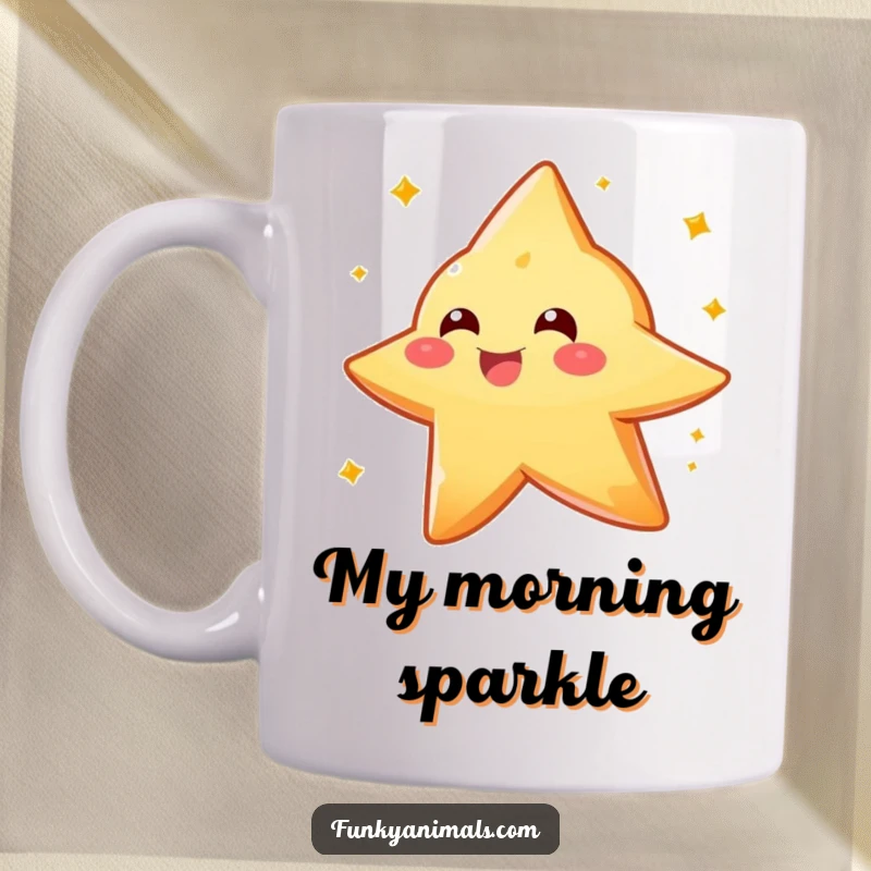 Funny sparkly orange star creature mug, spinning with pure delight, a whimsical and humorous gift for space lovers.