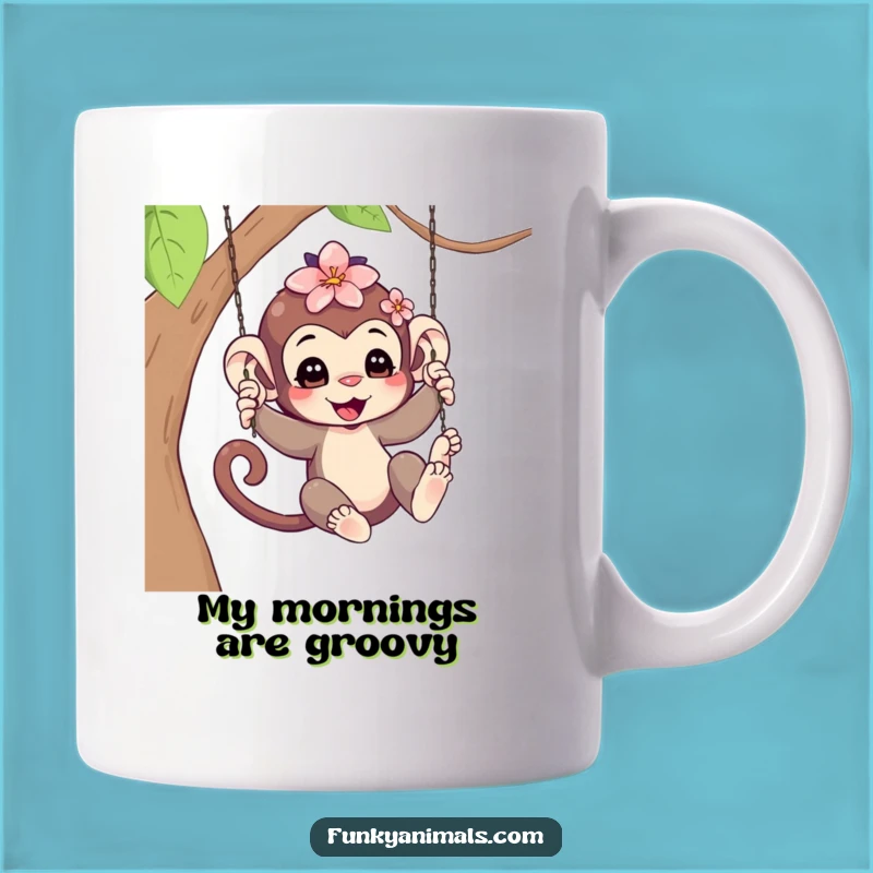 Funny Swinging Monkey Cub Mug - Flower Hair Delight, Perfect Humorous Gift