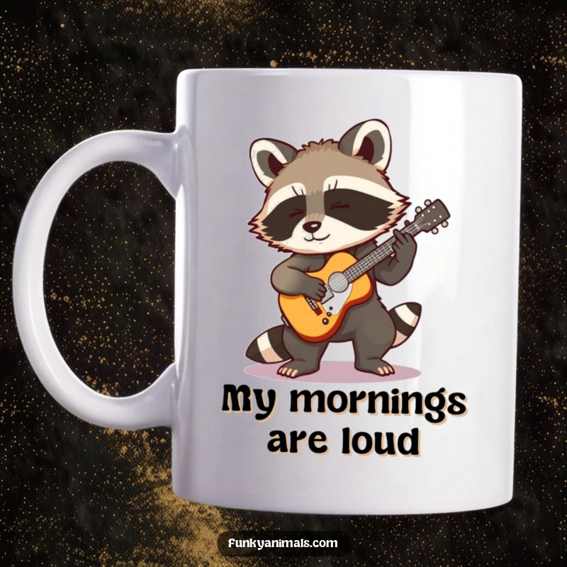 Funny Rocking Raccoon Mug: A cool raccoon cub energetically strumming a miniature guitar, embodying the spirit of a rockstar.