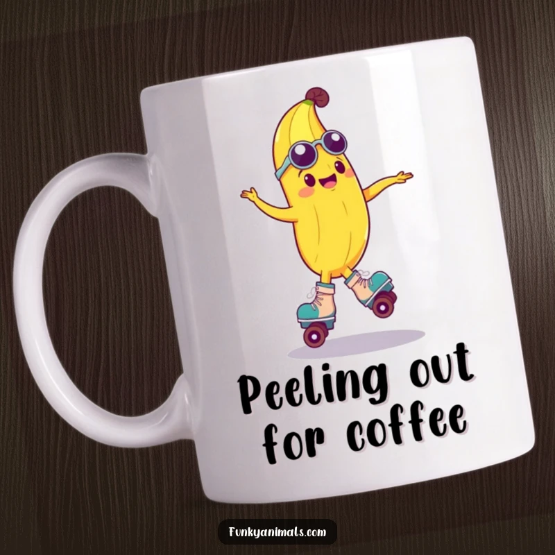 Funny mug depicting a groovy anthropomorphic banana in mid-spin on roller skates, radiating pure joy and skateboarding vibes.