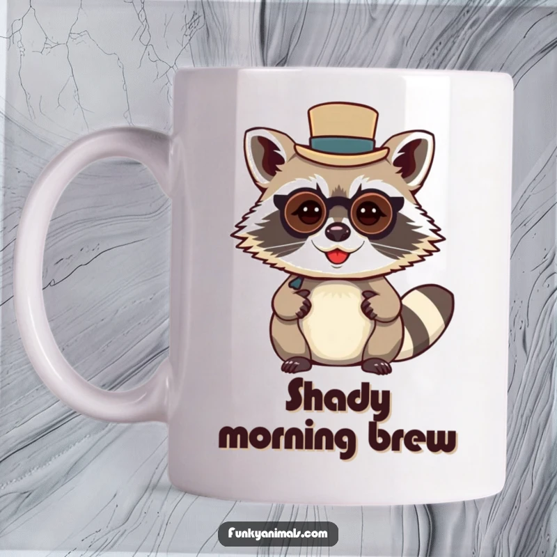 Funny raccoon gentleman mug featuring a mischievous raccoon wearing a tiny top hat and monocle, looking quite dapper.