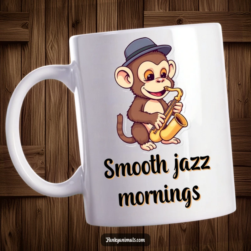 Funny monkey mug featuring a cool ape in a tiny fedora, playing a miniature saxophone with a funky, jazzy vibe.