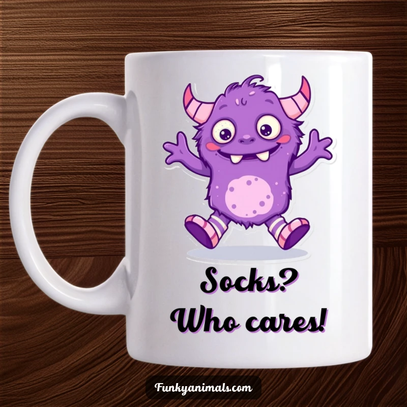 Funny purple monster mug, creature with mismatched socks doing a silly, joyful dance, radiating fun.