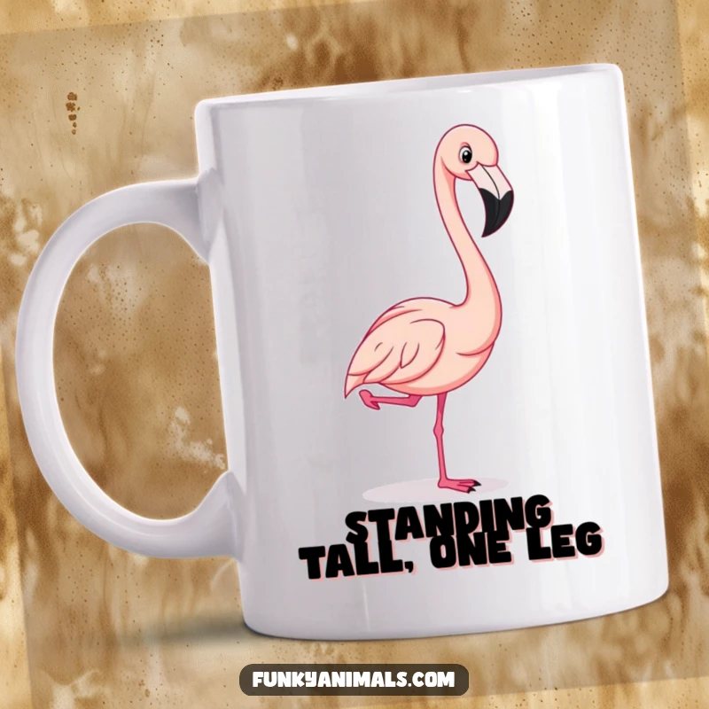 Funny flamingo striking a comical pose with one leg raised high, exuding flamboyant charm and humor on a mug.