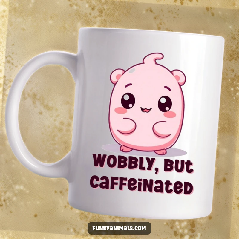 Funny mug showing a pink, squishy creature with large googly eyes wiggling its body in a playful, humorous manner.