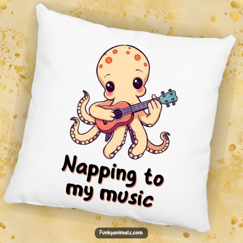Funny groovy octopus pillow, playing a tiny ukulele with one tentacle strumming, soft and comfortable, bringing musical cheer.