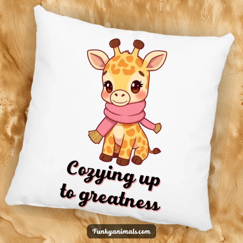 Funny pillow designed with a hip giraffe cub wearing a knitted scarf, perfect for cozying up in style.