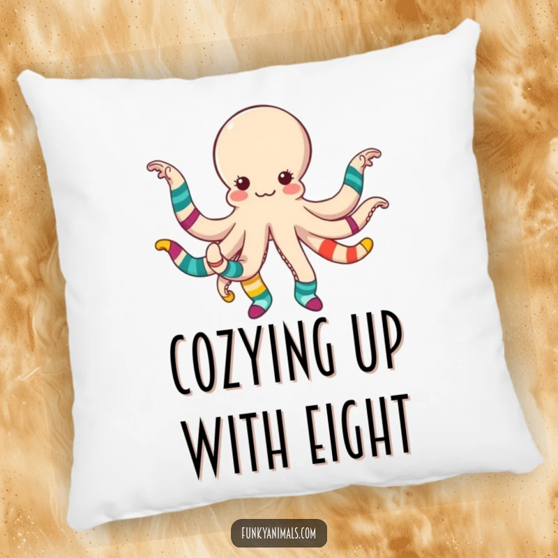 Funny octopus dancing with colorful mismatched socks on its tentacles, a soft, humorous, and vibrant decorative pillow.