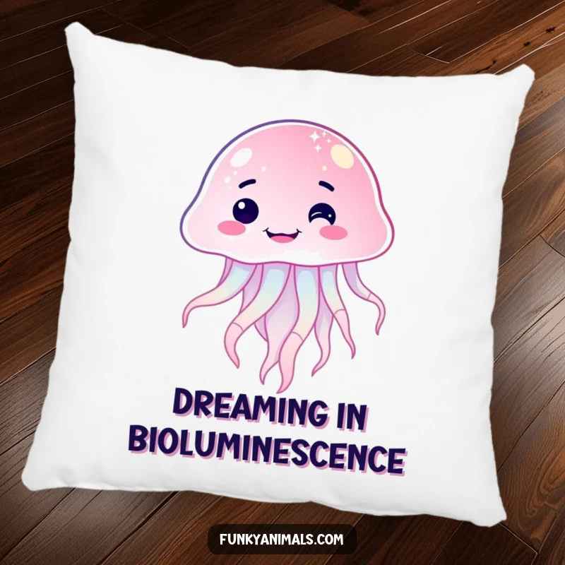 Funny sparkling jellyfish pillow with a goofy, lopsided grin, plush and inviting, bringing underwater amusement to any cozy space.