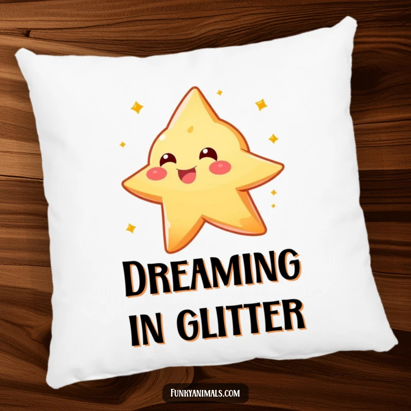 Funny sparkly orange star creature pillow, showing a delightful spin, providing soft, humorous, and celestial comfort.