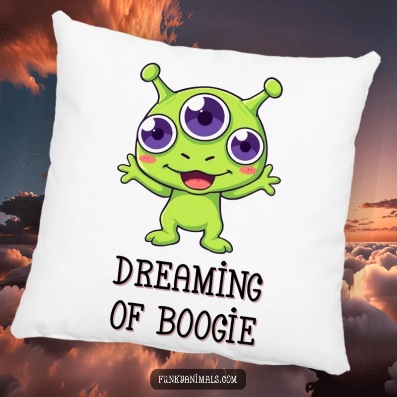Funny green alien pillow, three-eyed creature boogying merrily, soft and humorous home decor accent.