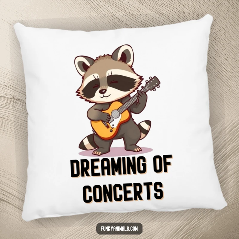 Funny Rocking Raccoon Pillow: A cool raccoon cub playing a miniature guitar, providing comfort and a humorous, rockstar-inspired presence.