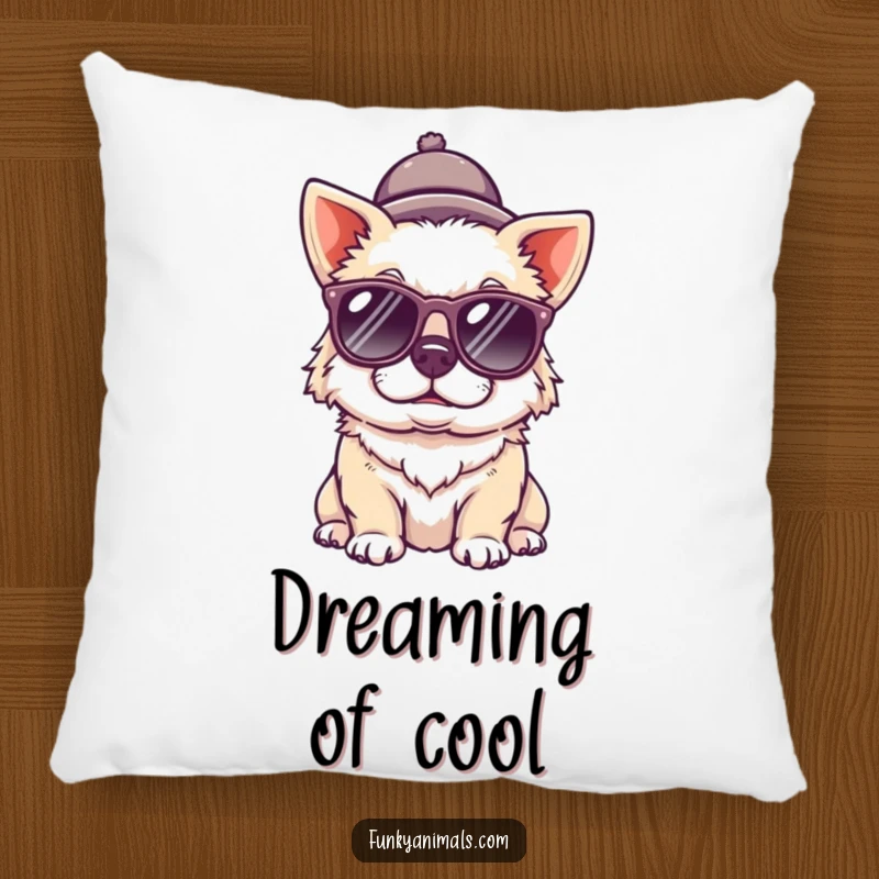 Funny dog pillow with a quirky dog wearing sunglasses and a tiny hat, offering comfort and a humorous decorative accent.