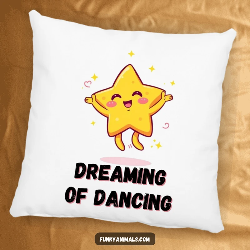 Funny pillow featuring a bright yellow star character with swirling arms dancing energetically, offering plush comfort and humorous appeal.