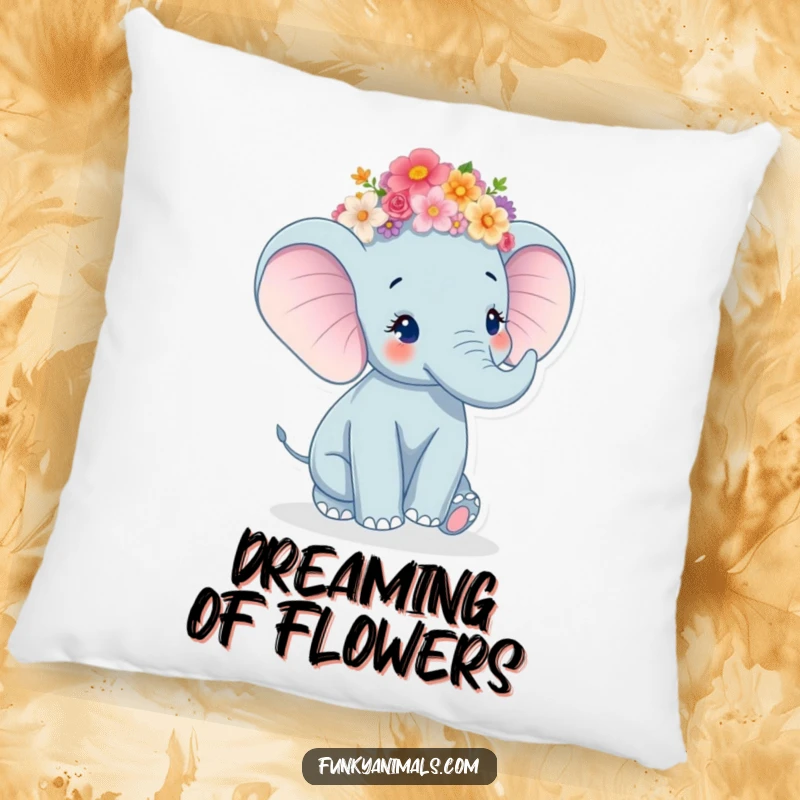 Funny Elephant Pillow designed with a happy elephant in a vibrant flower crown, lovingly twirling.