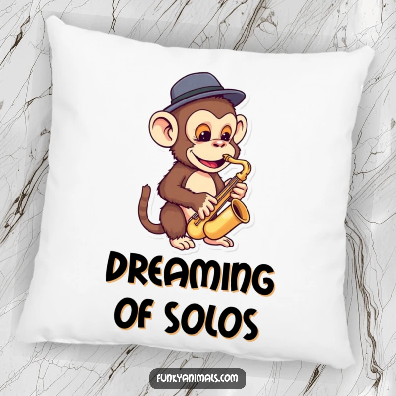 Funny monkey pillow featuring a funky ape in a fedora playing a miniature saxophone, providing comfortable and quirky decor.