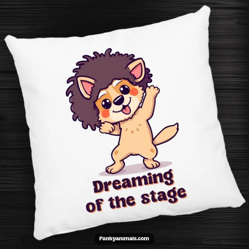 Funny dog wearing an afro wig, breakdancing with energetic moves, depicted on a soft and comfortable pillow.