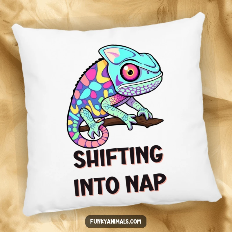Funny chameleon pillow featuring a psychedelic pattern of rapidly changing colors, offering both comfort and a vibrant decorative touch.