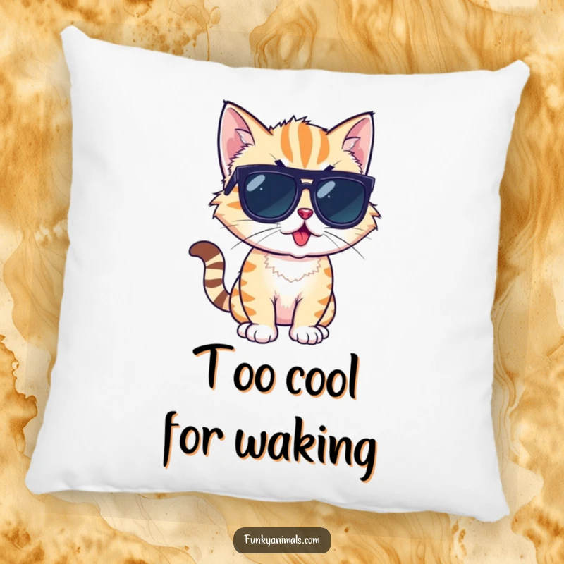 Funny pillow designed with a cool cat cub wearing sunglasses, exuding a relaxed and funky posture.