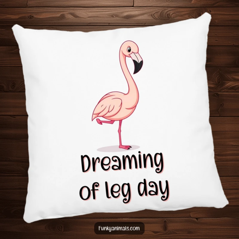Funny flamingo striking a comical one-legged pose, a soft, humorous, and elegantly flamboyant decorative pillow.