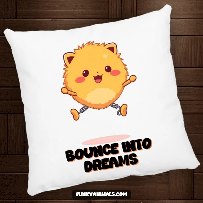 Funny fuzzy orange creature pillow, creature with spring legs bouncing merrily, soft and decorative.