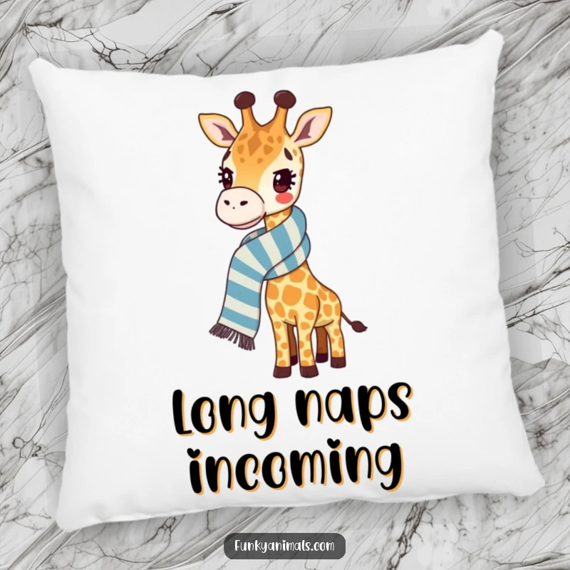 Funny giraffe pillow featuring a giraffe with a ridiculously long, striped scarf, offering comfort and whimsical décor.