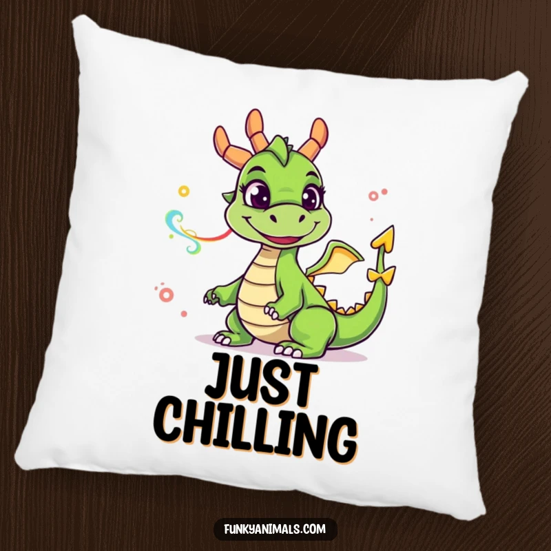Funny green dragon pillow with a goofy smile, exhaling colorful smoke rings, providing a comfy and humorous decorative touch.