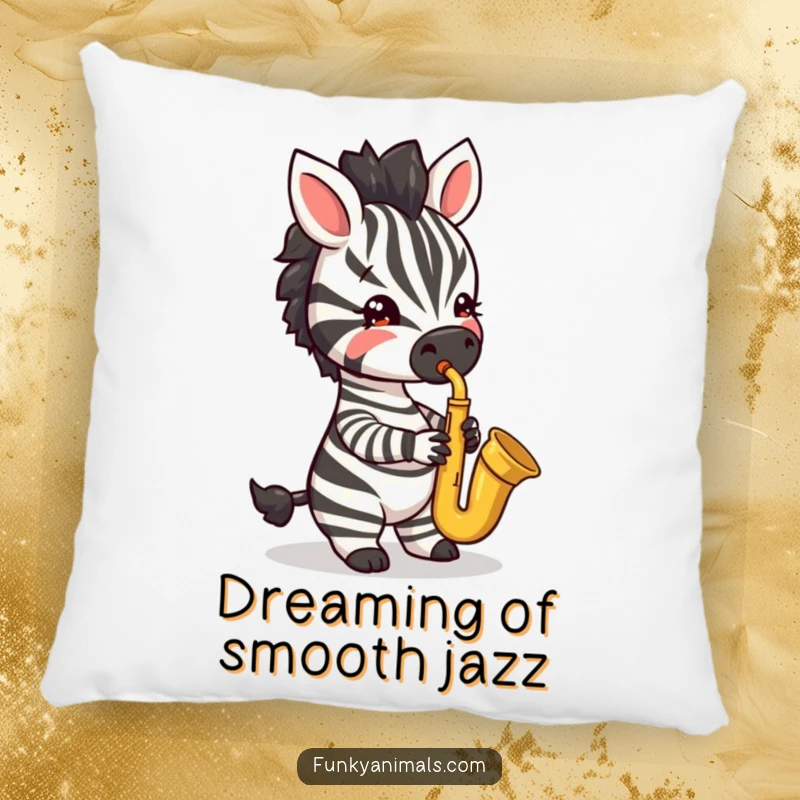Funny pillow designed with a jazzy zebra cub playing a saxophone with flair, perfect for cozying up.