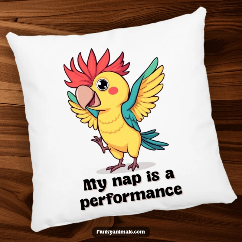 Funny parrot pillow featuring a colorful bird with wild, spiky feathers in a hilarious flamboyant dance, providing comfort and quirky decor.