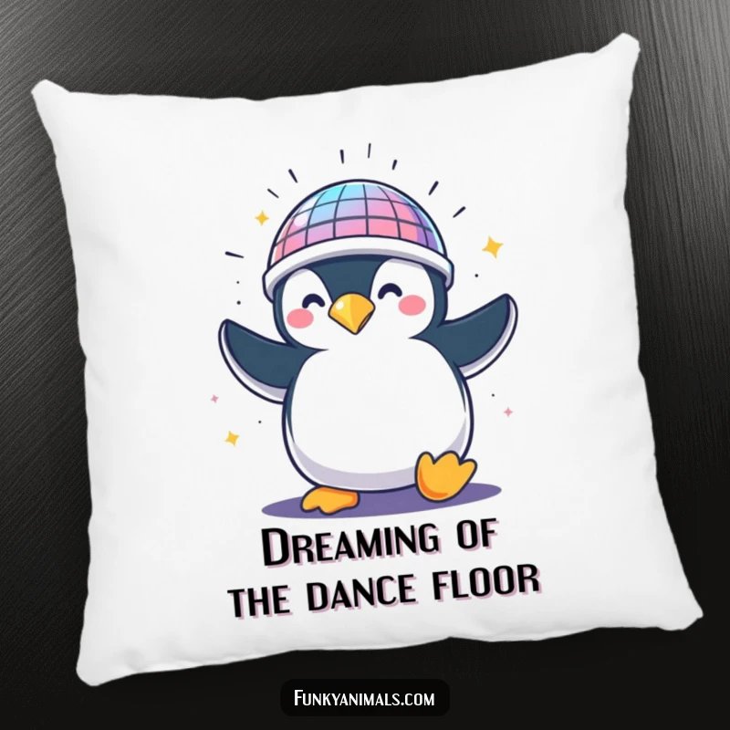 Funny penguin wearing a disco ball helmet, spinning gleefully, creating a soft and humorous decorative accent pillow.