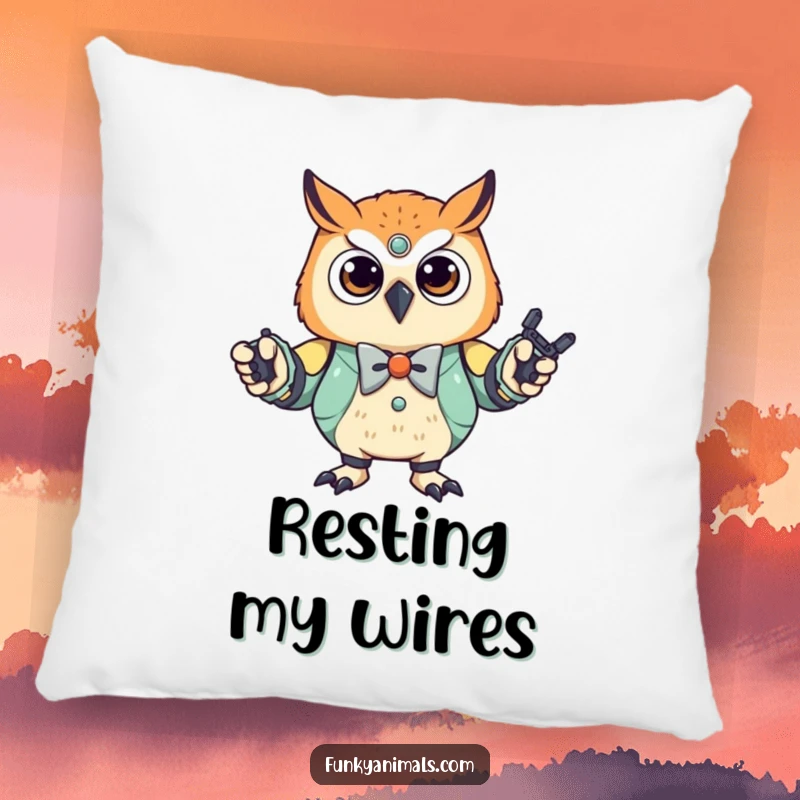 Funny Robot Owl Cub Pillow: A stylish owl cub in a bowtie, performing a robot dance, offering both comfort and comedic appeal for your living space.