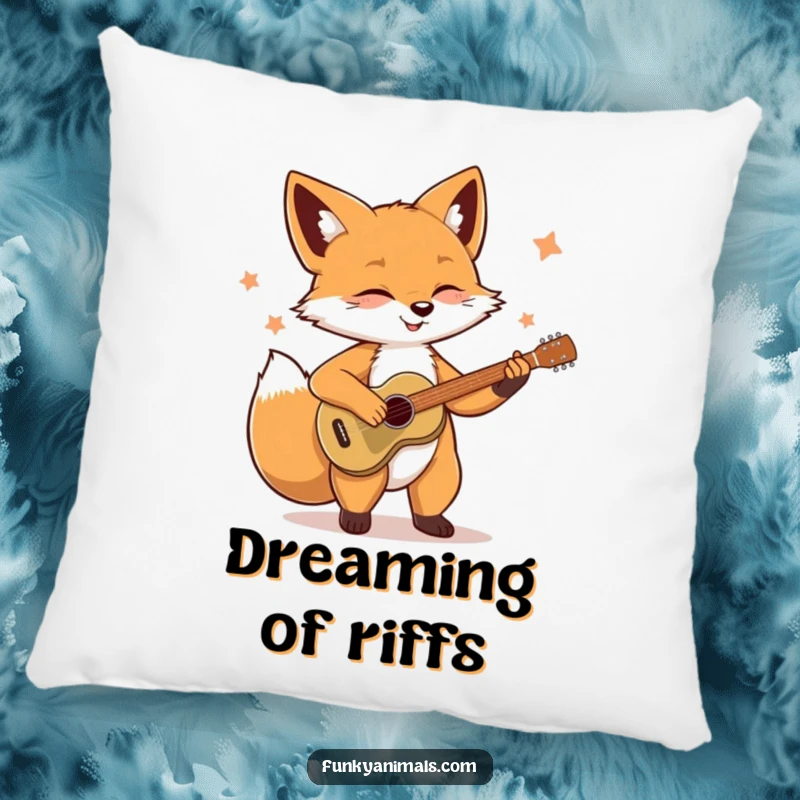 Funny Soulful Fox Pillow: A fox is shown peacefully strumming a guitar, offering a cozy and musical accent to any room.