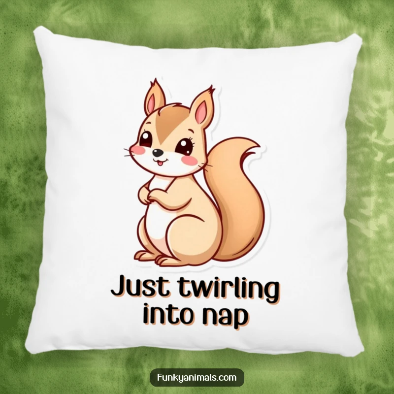 Funny squirrel with a spinning spiral tail, creating a soft, humorous, and dynamic decorative pillow.