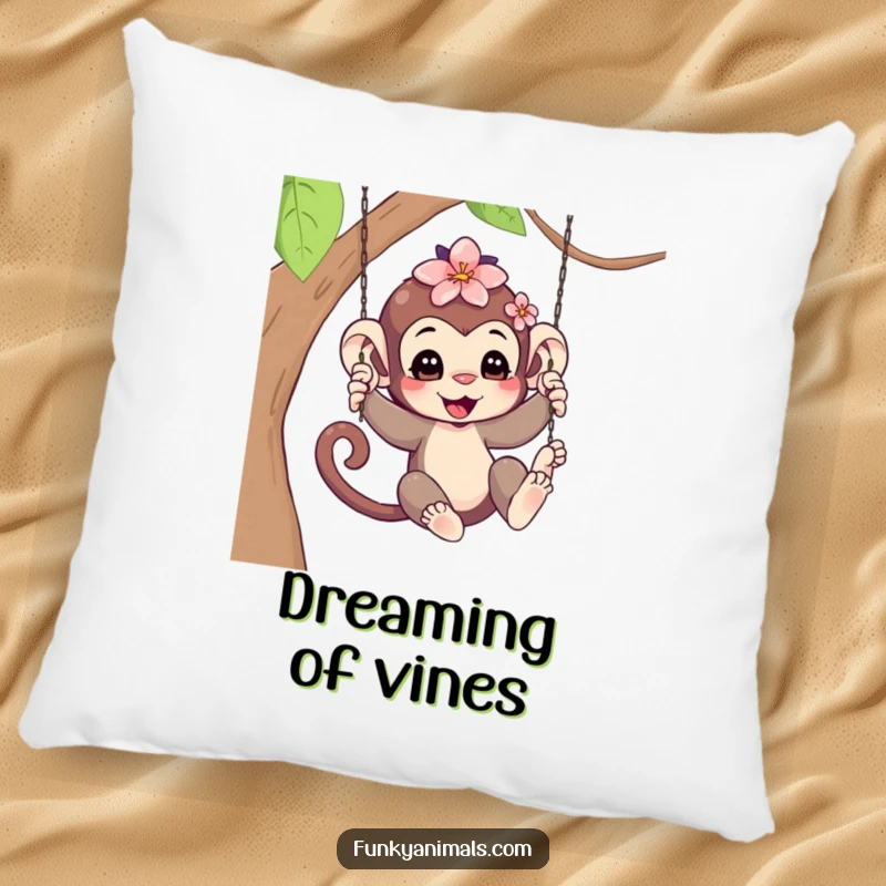 Funny Swinging Monkey Cub Pillow: A joyful monkey cub swinging, a flower enhancing its hairstyle, providing comfort and a humorous, endearing presence.