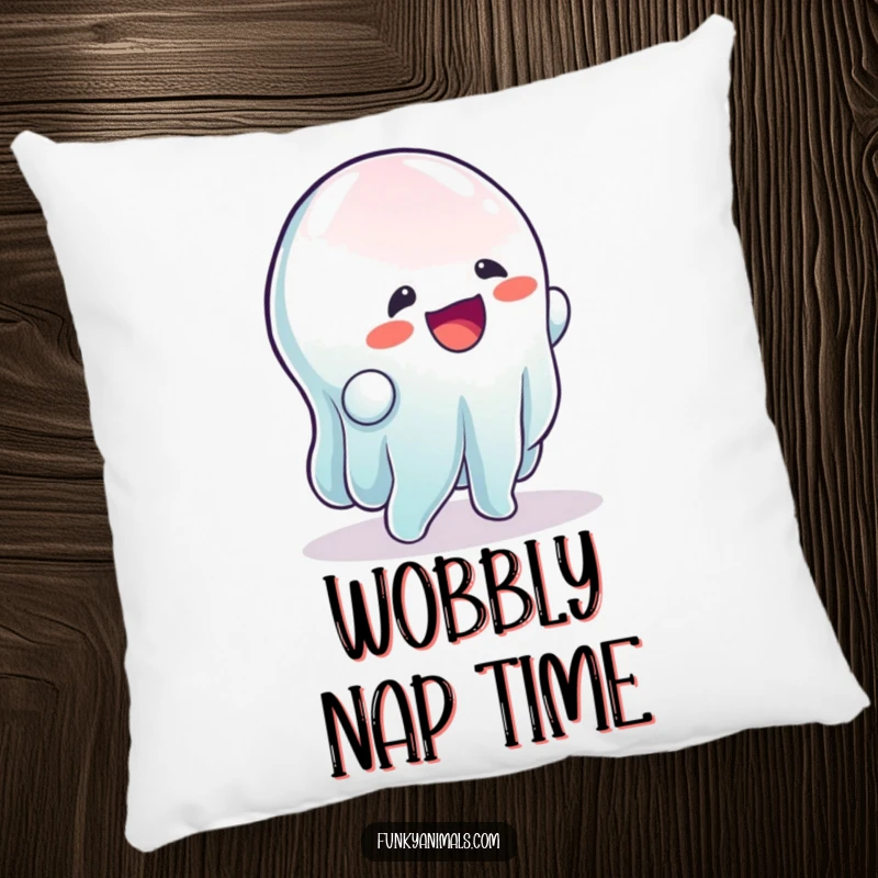 Funny pillow with a wobbly, gelatinous creature doing a rhythmic wobble, offering humorous comfort and quirky decor.