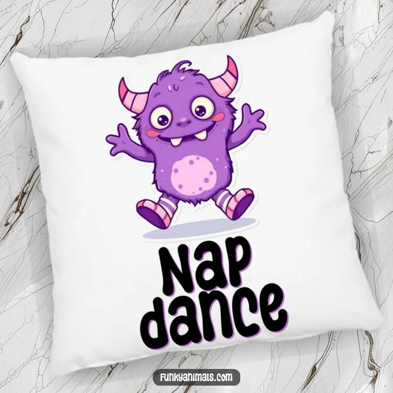 Funny purple monster pillow, creature with mismatched socks doing a charmingly silly dance, soft and decorative.